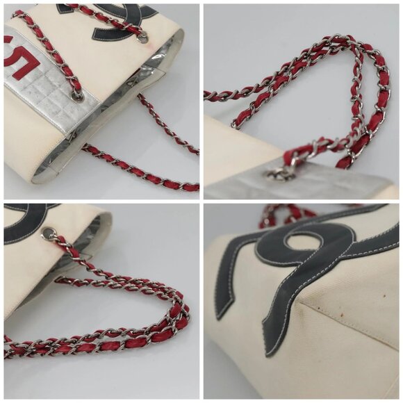 CHANEL Choco Bar COCO Mark Chain Hand Bag Canvas Beige Silver CC Auth BA4601 - Picture 16 of 16